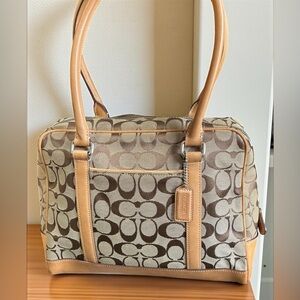 Coach Signature Satchel 6097 Khaki Brown Jacquard Leather Shoulder Bag